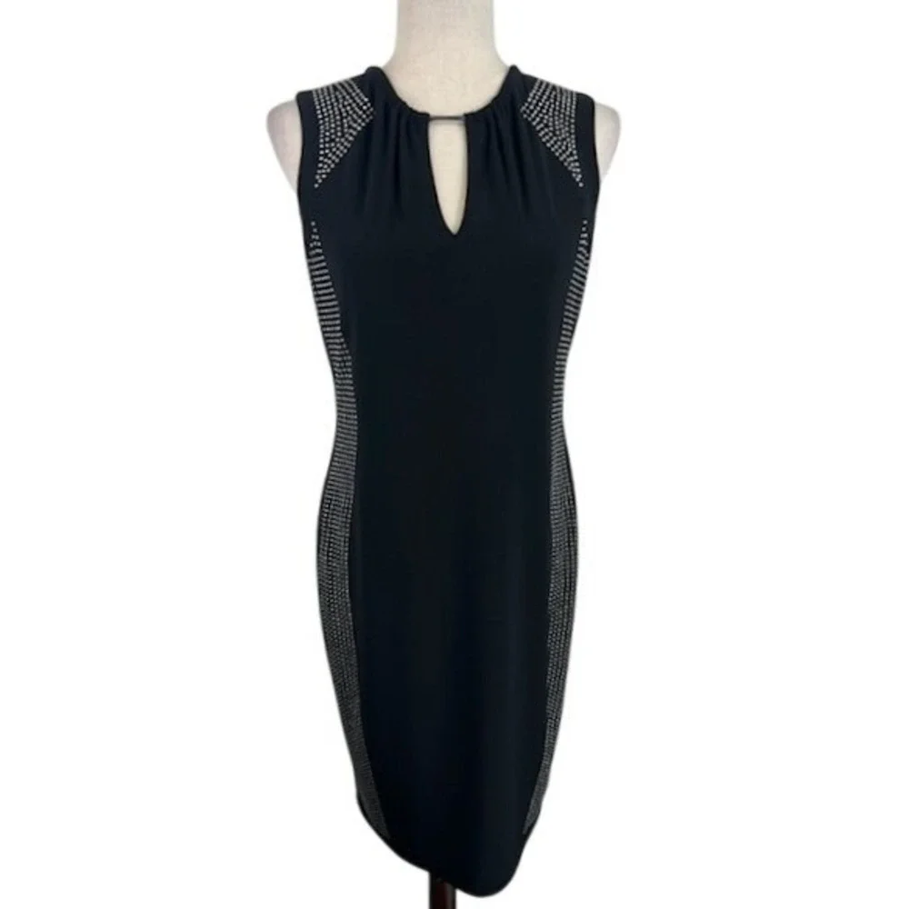 Joseph Ribkoff Black Sleeveless Studded Sheath Dress Keyhole Neckline Size 10